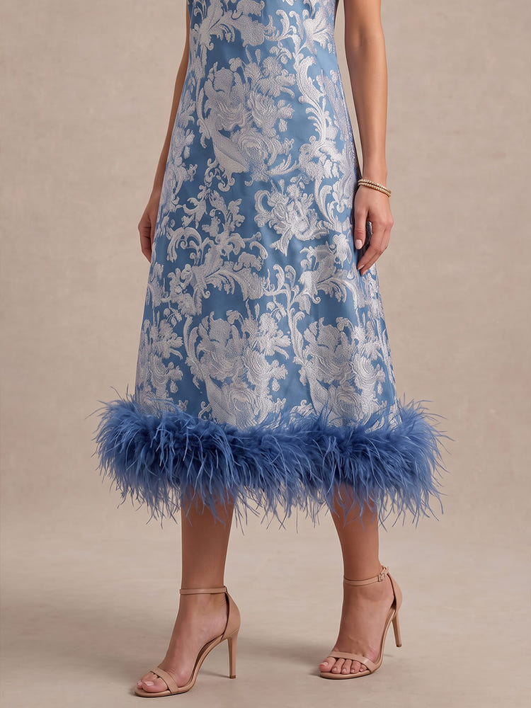 Jacquard A-Line Crew Neck Midi Cocktail Dresses with Natural Feather Fringe Hem