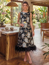 Jacquard A-Line Crew Neck Midi Cocktail Dresses with Natural Feather Fringe Hem
