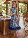 Jacquard A-Line Crew Neck Midi Cocktail Dresses with Natural Feather Fringe Hem