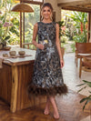 Jacquard A-Line Crew Neck Midi Cocktail Dresses with Natural Feather Fringe Hem