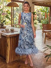 Jacquard A-Line Crew Neck Midi Cocktail Dresses with Natural Feather Fringe Hem