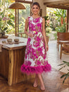 Jacquard A-Line Crew Neck Midi Cocktail Dresses with Natural Feather Fringe Hem