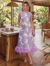 Jacquard A-Line Crew Neck Midi Cocktail Dresses with Natural Feather Fringe Hem