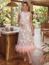 Jacquard A-Line Crew Neck Midi Cocktail Dresses with Natural Feather Fringe Hem