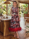 Jacquard A-Line Crew Neck Midi Cocktail Dresses with Natural Feather Fringe Hem