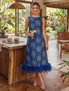 Jacquard A-Line Crew Neck Midi Cocktail Dresses with Natural Feather Fringe Hem