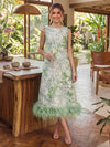 Jacquard A-Line Crew Neck Midi Cocktail Dresses with Natural Feather Fringe Hem