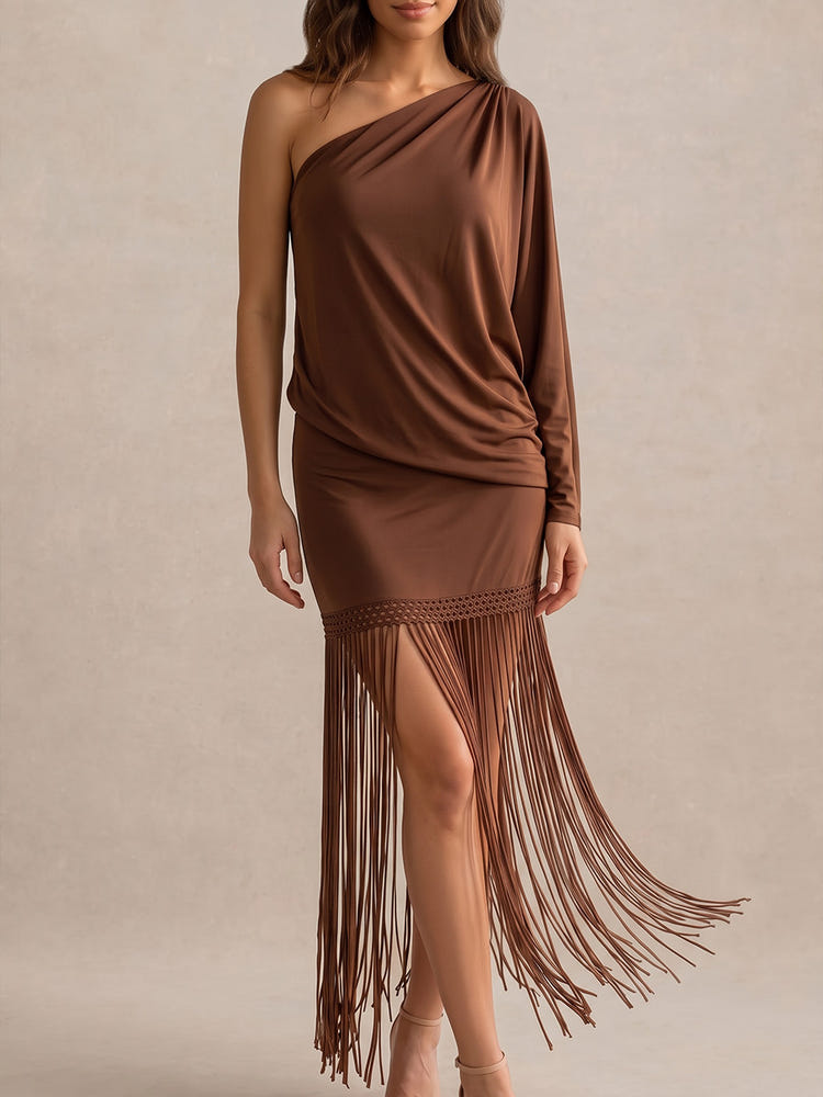 Chiffon Bodycon One Shoulder Midi Cocktail Dresses with Fringe