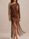 Chiffon Bodycon One Shoulder Midi Cocktail Dresses with Fringe
