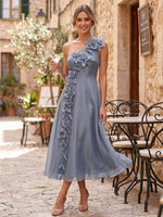Tulle A-Line One Shoulder Midi Cocktail Dresses with 3D Flowers