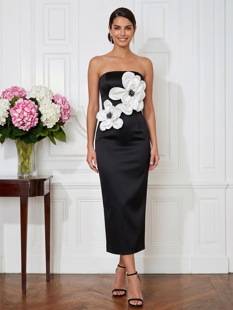Satin Sheath Strapless Midi Cocktail Dresses with 3D Flowers