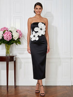Satin Sheath Strapless Midi Cocktail Dresses with 3D Flowers