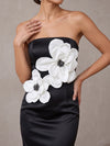 Satin Sheath Strapless Midi Cocktail Dresses with 3D Flowers