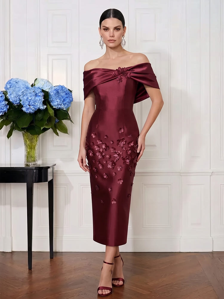 Satin Sheath Off Shoulder Midi Cocktail Dresses with 3D Flowers