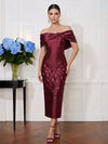 Satin Sheath Off Shoulder Midi Cocktail Dresses with 3D Flowers