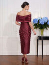 Satin Sheath Off Shoulder Midi Cocktail Dresses with 3D Flowers