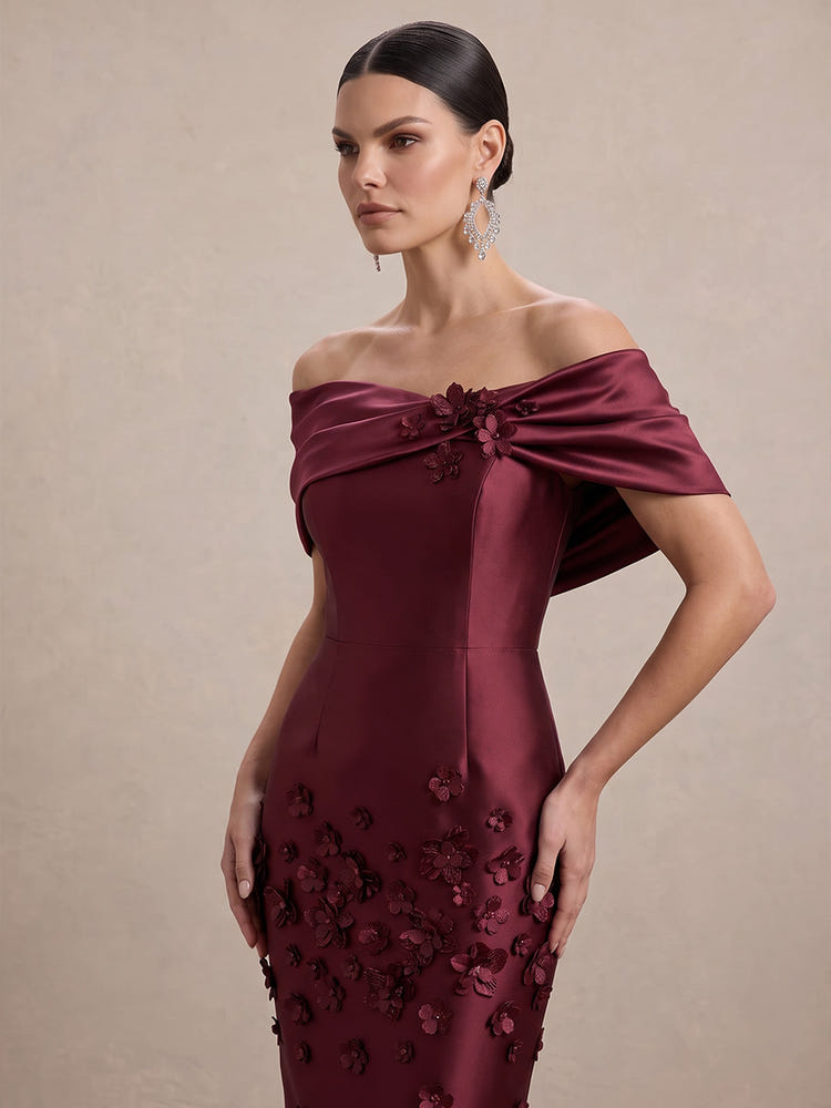 Satin Sheath Off Shoulder Midi Cocktail Dresses with 3D Flowers