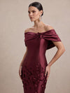 Satin Sheath Off Shoulder Midi Cocktail Dresses with 3D Flowers