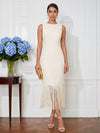 Jersey Sheath Crew Neck Midi Cocktail Dresses with Fringe