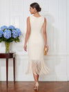 Jersey Sheath Crew Neck Midi Cocktail Dresses with Fringe