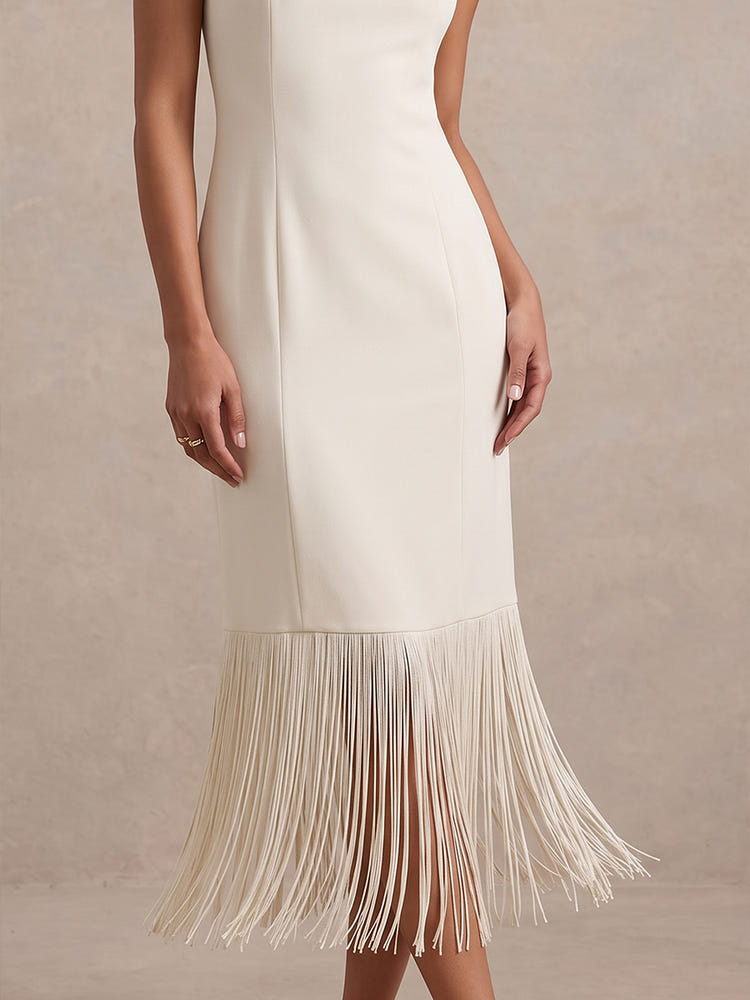 Jersey Sheath Crew Neck Midi Cocktail Dresses with Fringe