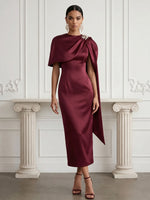 Satin Sheath Crew Neck Midi Cocktail Dresses with Caps