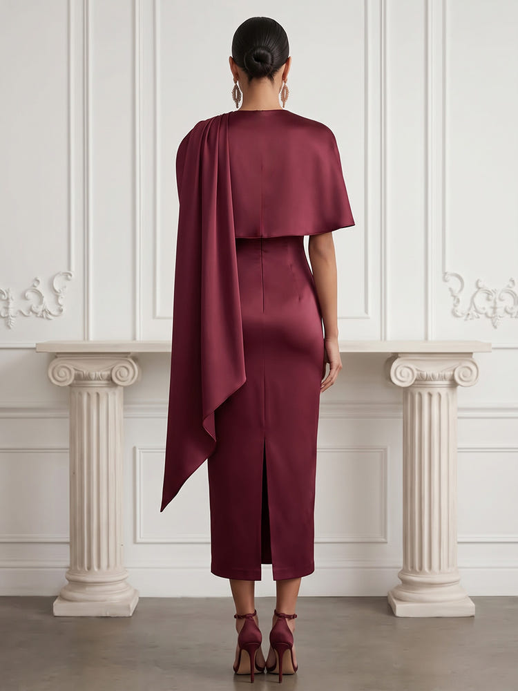 Satin Sheath Crew Neck Midi Cocktail Dresses with Caps