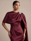 Satin Sheath Crew Neck Midi Cocktail Dresses with Caps