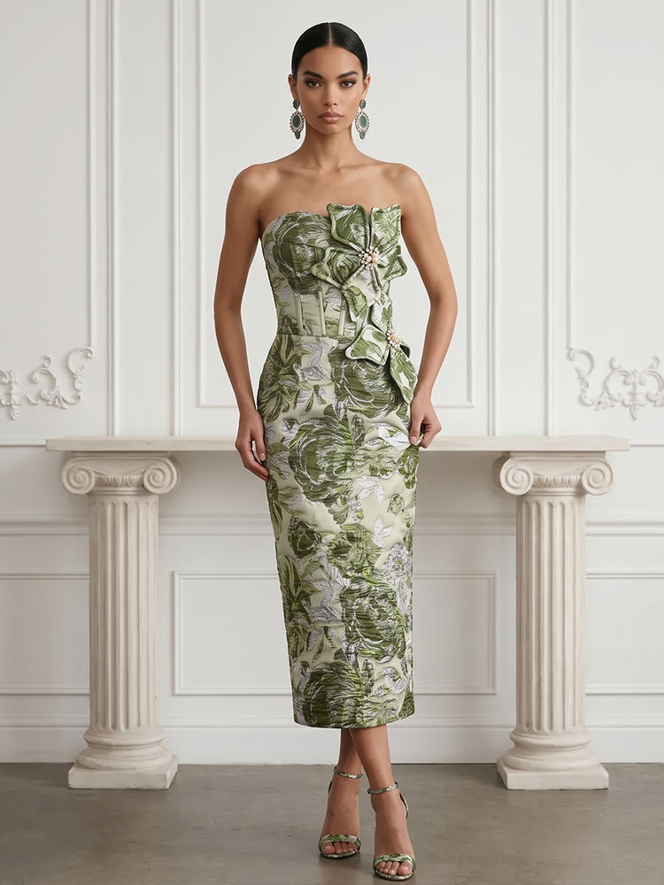 Jacquard Sheath Strapless Midi Cocktail Dresses with Rhinestone