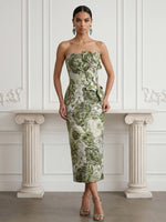 Jacquard Sheath Strapless Midi Cocktail Dresses with Rhinestone