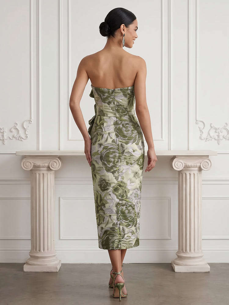 Jacquard Sheath Strapless Midi Cocktail Dresses with Rhinestone