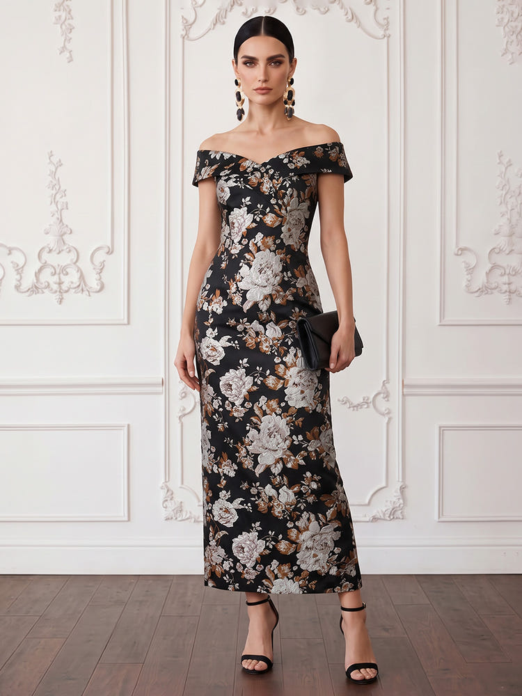 Jacquard Sheath Off Shoulder Midi Cocktail Dresses with Pleated