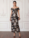 Jacquard Sheath Off Shoulder Midi Cocktail Dresses with Pleated