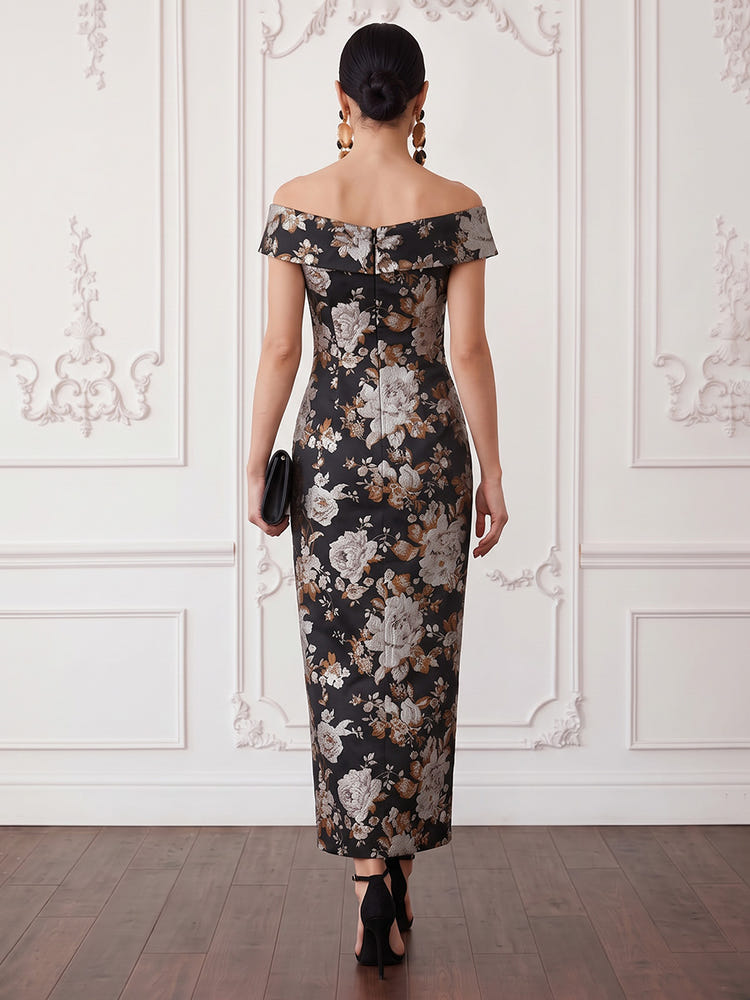 Jacquard Sheath Off Shoulder Midi Cocktail Dresses with Pleated