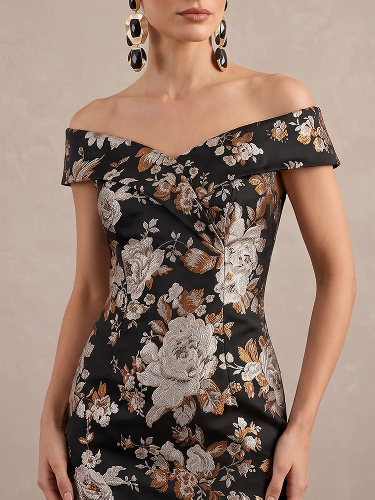 Jacquard Sheath Off Shoulder Midi Cocktail Dresses with Pleated