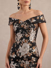 Jacquard Sheath Off Shoulder Midi Cocktail Dresses with Pleated