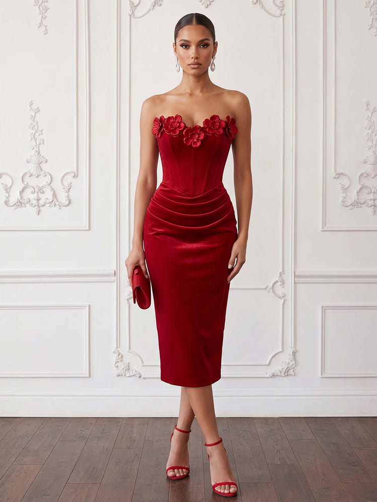Velvet Bodycon Strapless Midi Cocktail Dresses with 3D Flowers