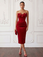 Velvet Bodycon Strapless Midi Cocktail Dresses with 3D Flowers