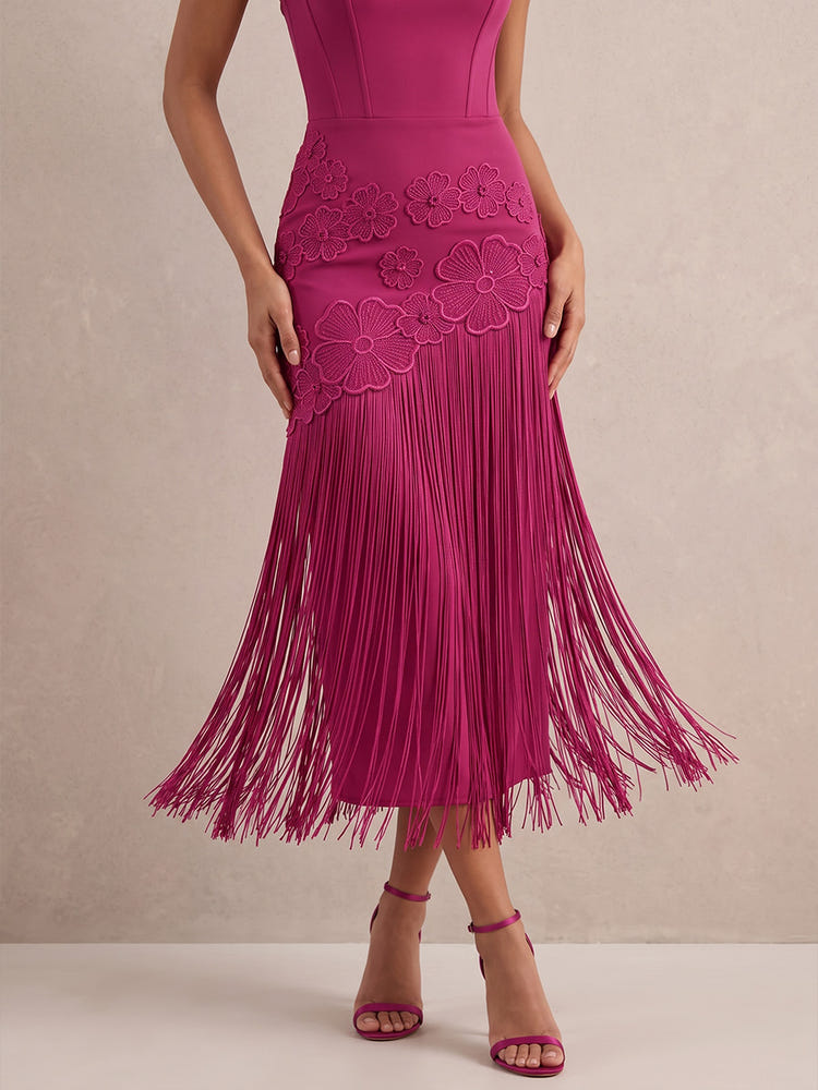 Jersey Sheath Strapless Midi Cocktail Dresses with Fringe