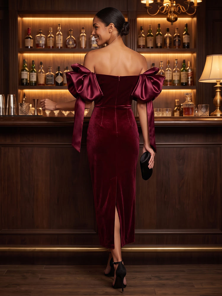 Velvet Sheath Off Shoulder Midi Cocktail Dresses with Large Satin Bow Sleeves