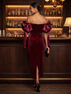 Velvet Sheath Off Shoulder Midi Cocktail Dresses with Large Satin Bow Sleeves