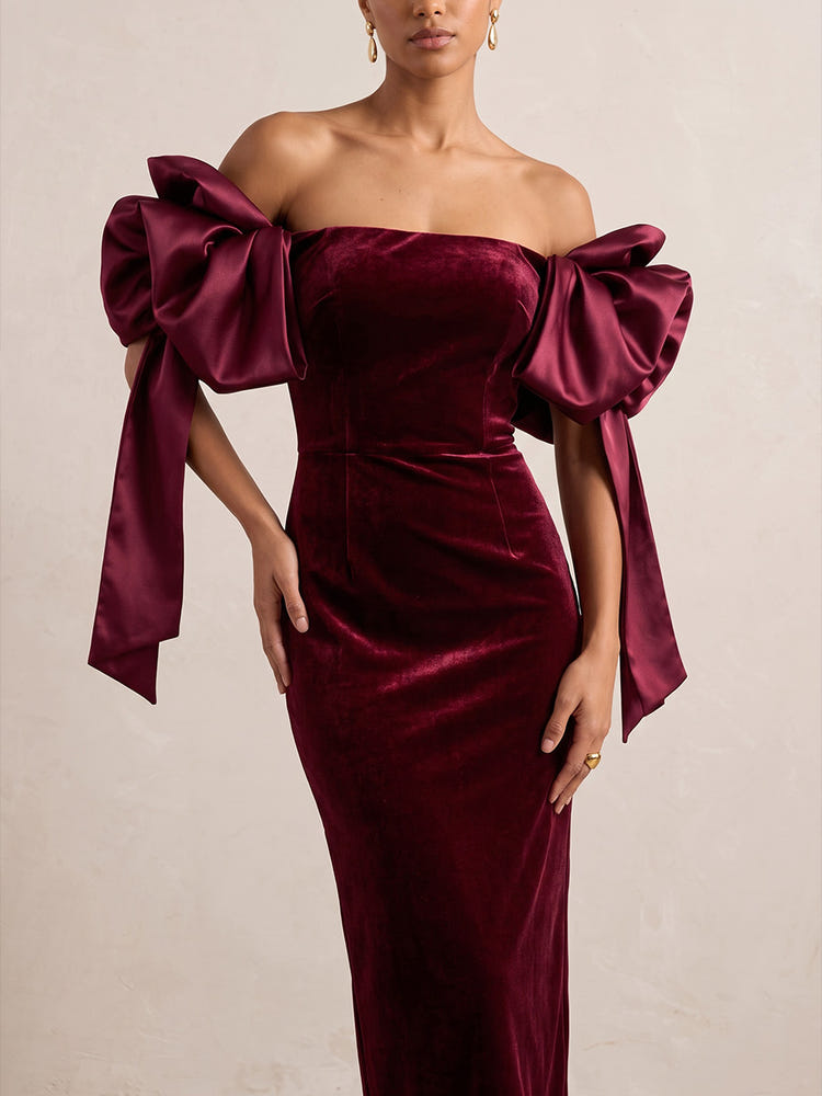 Velvet Sheath Off Shoulder Midi Cocktail Dresses with Large Satin Bow Sleeves
