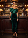 Velvet Sheath Off Shoulder Midi Cocktail Dresses with Boned Satin Corset Bodice