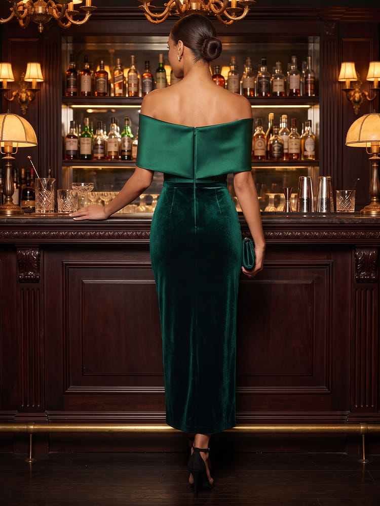 Velvet Sheath Off Shoulder Midi Cocktail Dresses with Boned Satin Corset Bodice