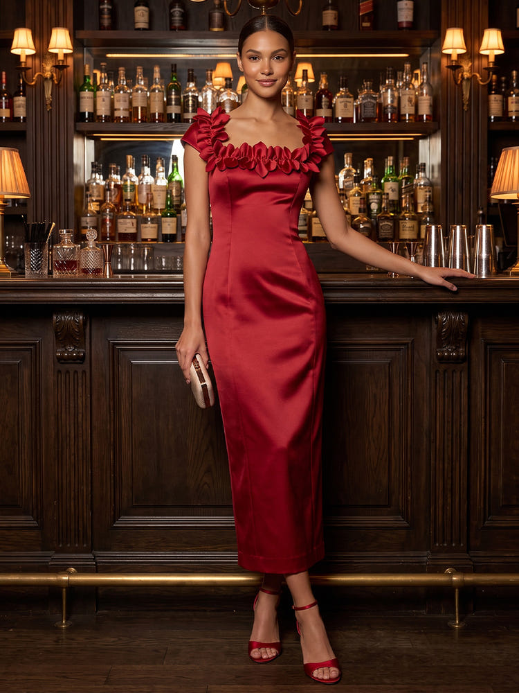 Satin Sheath Square Neck Midi Cocktail Dresses with 3D Flowers