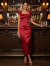 Satin Sheath Square Neck Midi Cocktail Dresses with 3D Flowers