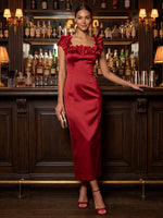 Satin Sheath Square Neck Midi Cocktail Dresses with 3D Flowers