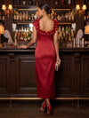 Satin Sheath Square Neck Midi Cocktail Dresses with 3D Flowers