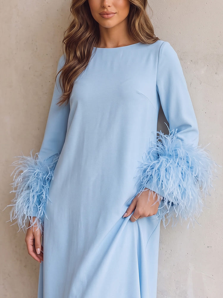 Chiffon A-Line Boat Neck Midi Cocktail Dresses with Feathers