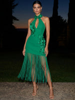 Jersey Sheath Halter Midi Cocktail Dresses with 3D Flowers